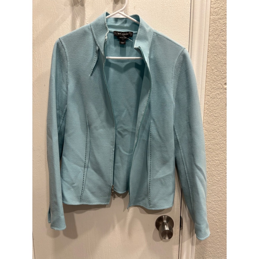 St. John Sewn By Hand Light Blue Zip Front Knit Jacket Size 6 Mock Neck